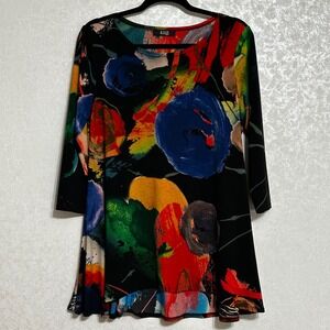 LIOR Paris Artistic Abstract Floral Print Black 3/4 Sleeve‎ Tunic Top Bell Hem M